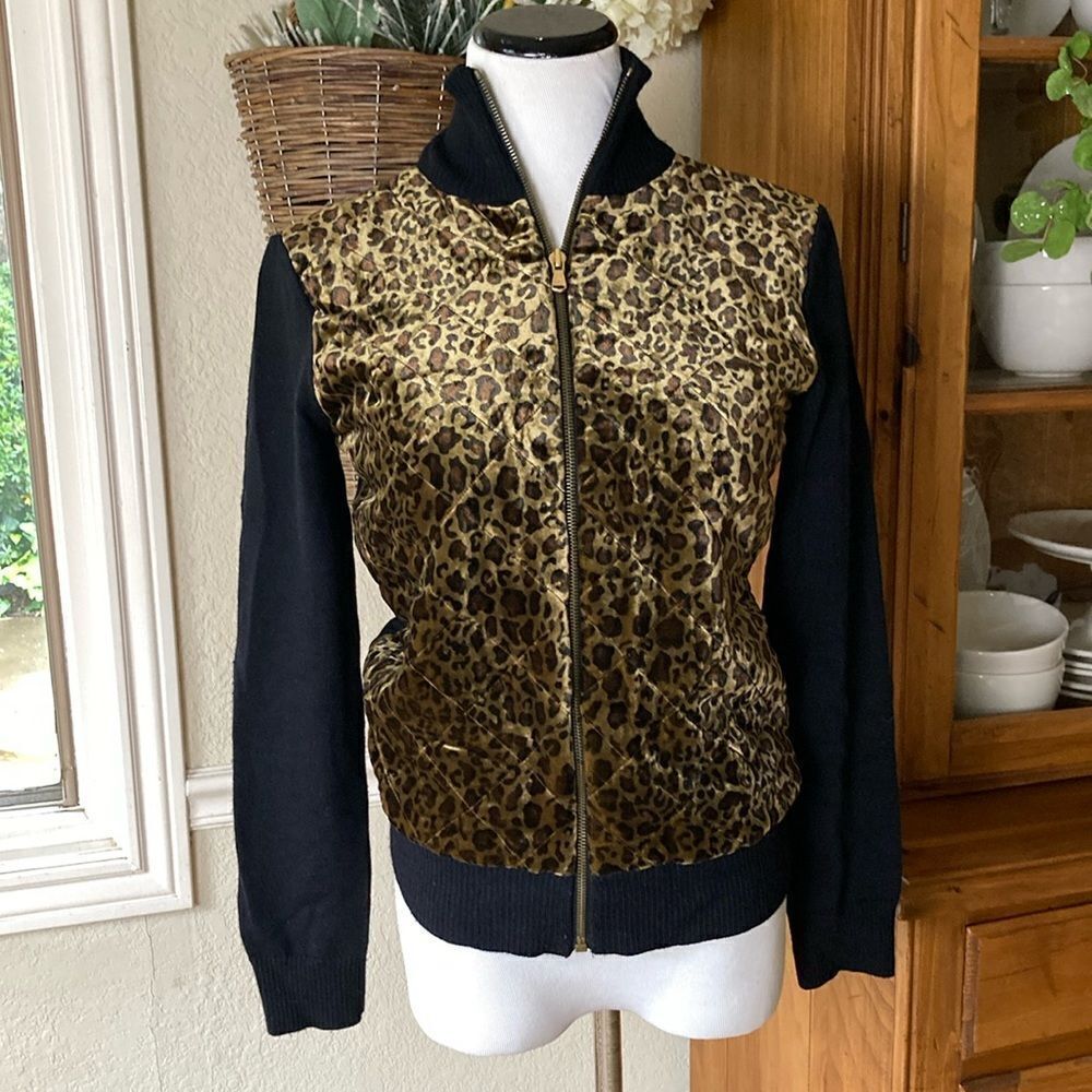 Lauren Ralph Lauren Velvet Leopard Print Full Zip Wool Blend Sweater Jacket SzS
